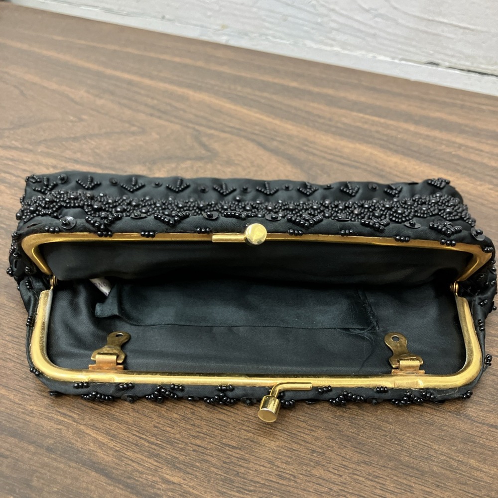Clutch Purse, Black Satin Beaded - Picture 4 of 7